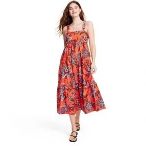 Rhode x Target Women's Orange Large Leafy Floral Print Tiered Midi Dress Smocked